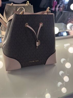 Michael Kors Brown MK Logo Drawstring Bucket Bag with Pink Trim